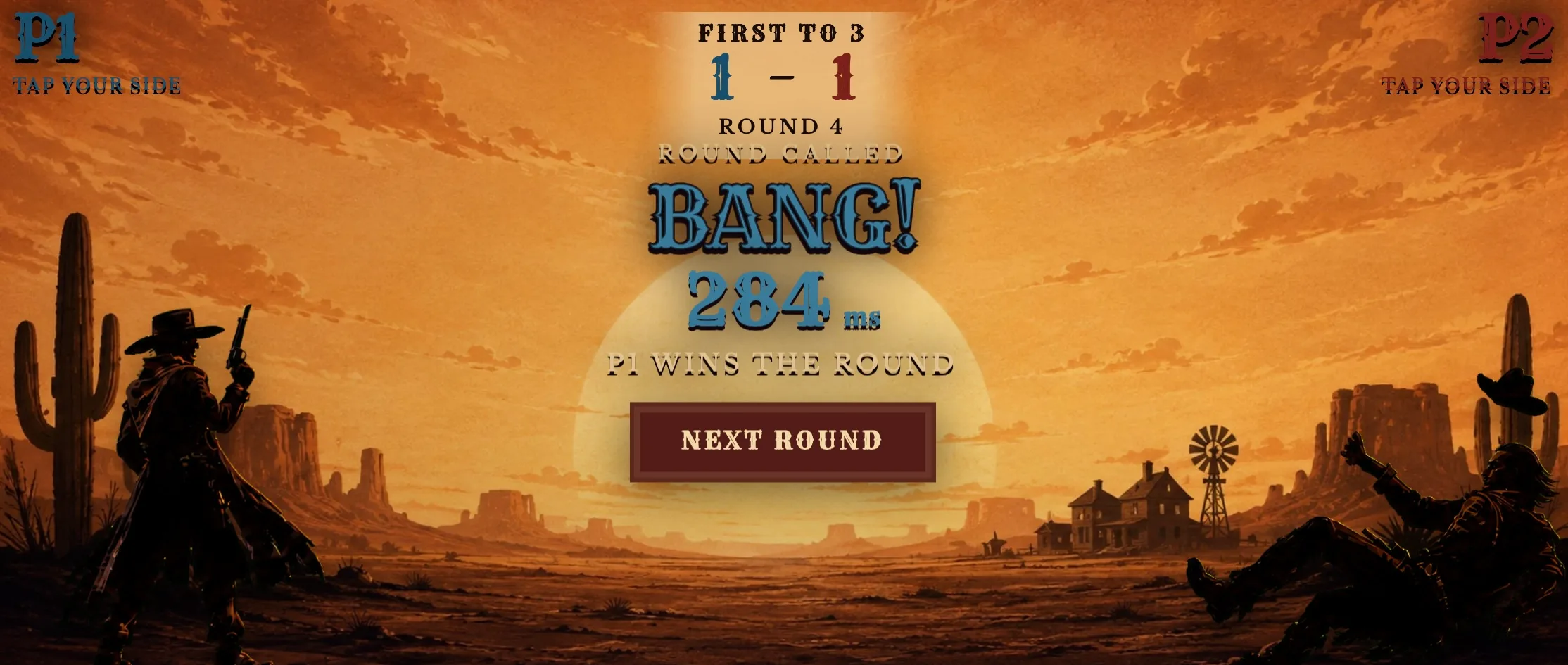 Bang Bang Bye duel results: player one wins the round with a 284 millisecond reaction.