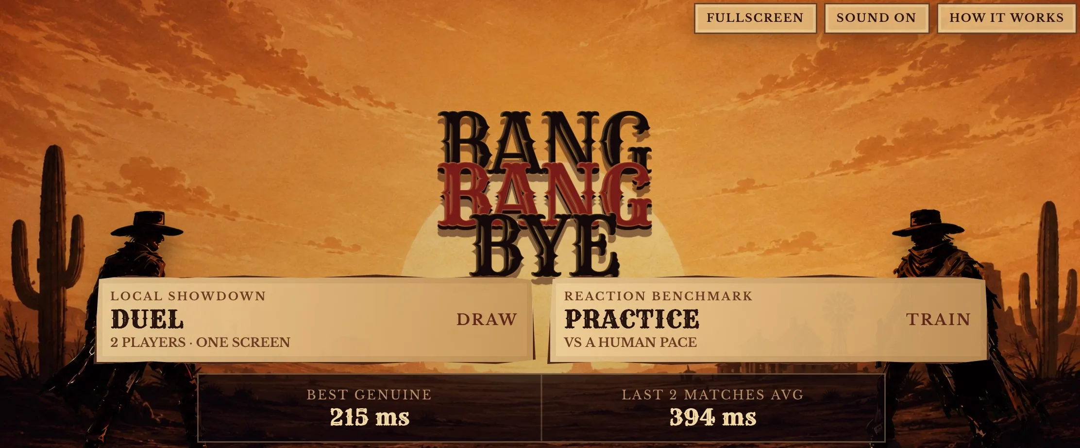Bang Bang Bye title screen with Duel and Practice modes in a western landscape.