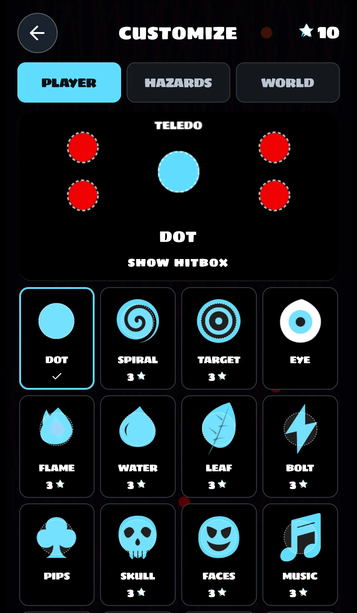 Teledo customization screen with Player, Hazards, and World tabs and a selection of player shapes.