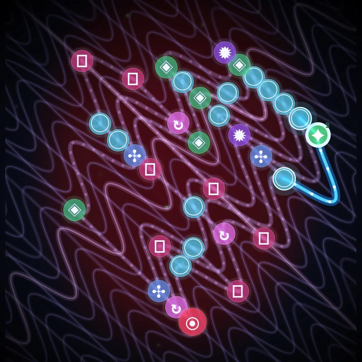 Glyphic puzzle with linked symbols and a glowing route across a purple field.