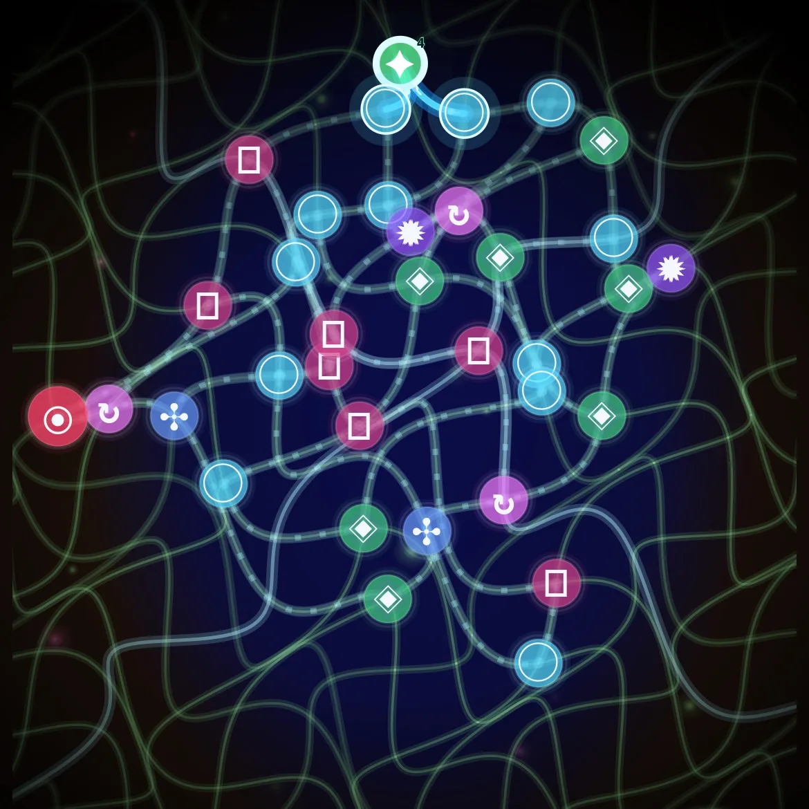 A different Glyphic routing puzzle on a blue and green field.