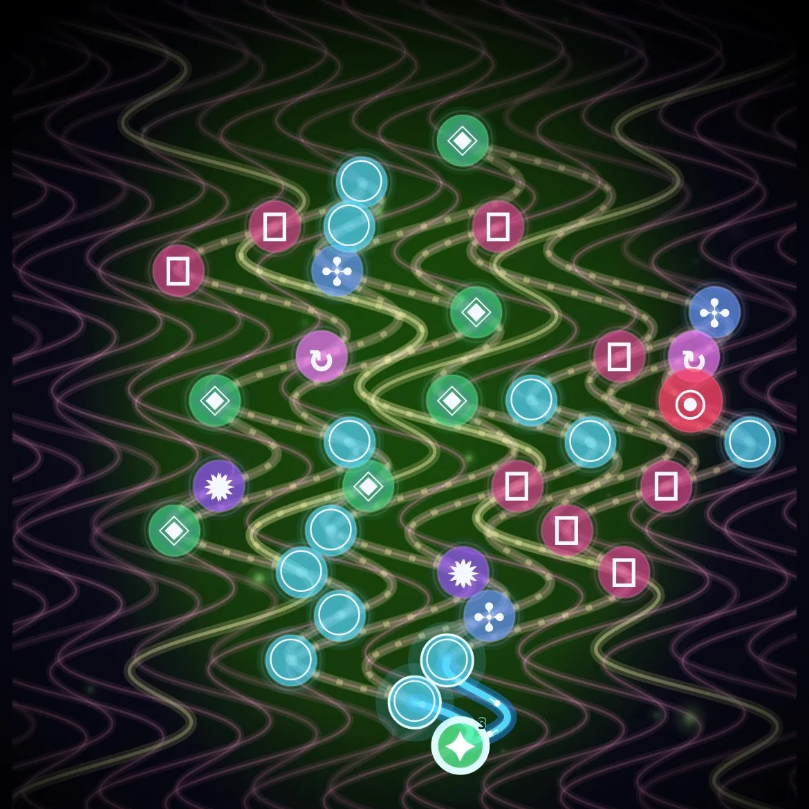 Glyphic puzzle with a winding route through symbols on a green field.