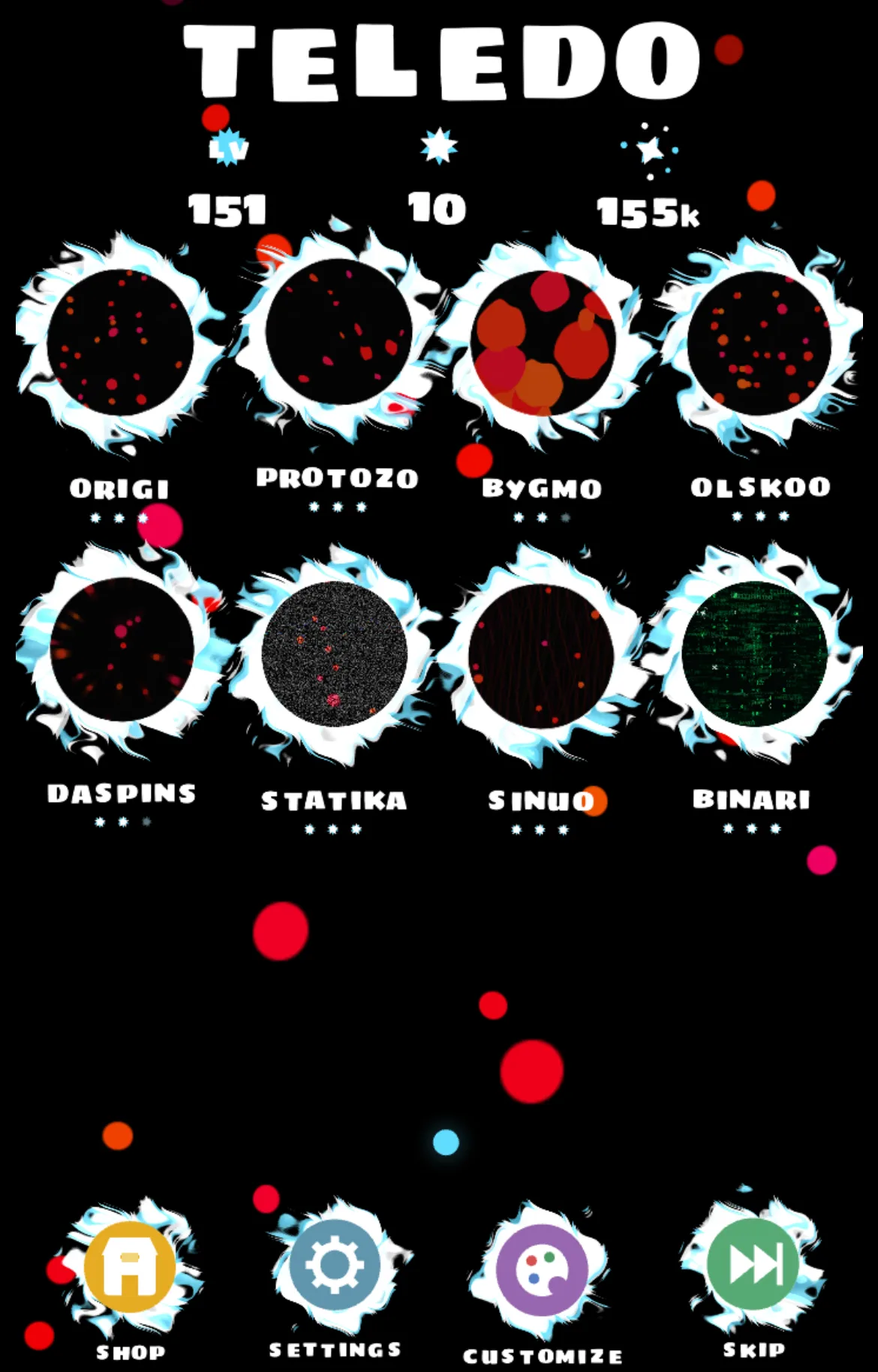 Teledo world selection showing Origi, Protozo, Bygmo, Olskoo, Daspins, Statika, Sinuo, and Binari portals.